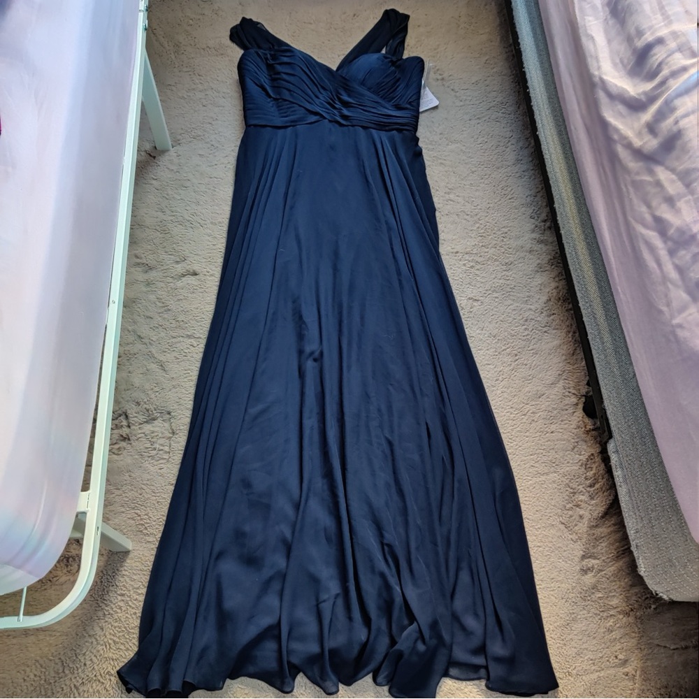 Dessy Collection Lux Off the Shoulder Chiffon Gown Navy Blue Maxi Dress Size 12 - Picture 3 of 8